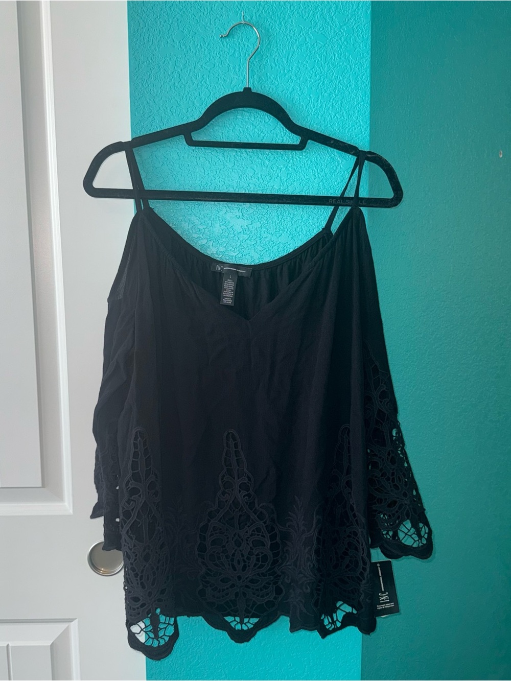 NWT INC International Concepts Black Cold-Shoulder Lace-Trim Camisole